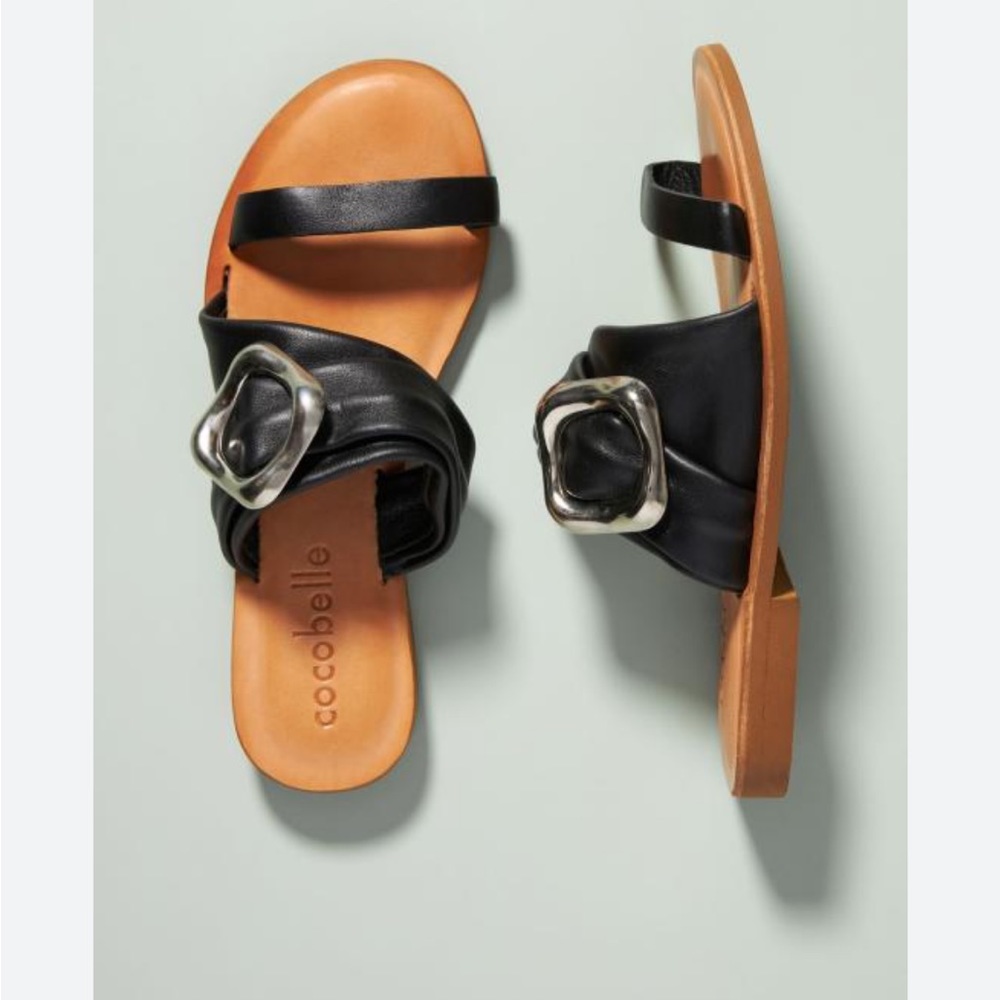 Cocobelle Anthropologie  Leather Buckle Black Sandals SZ 6.5